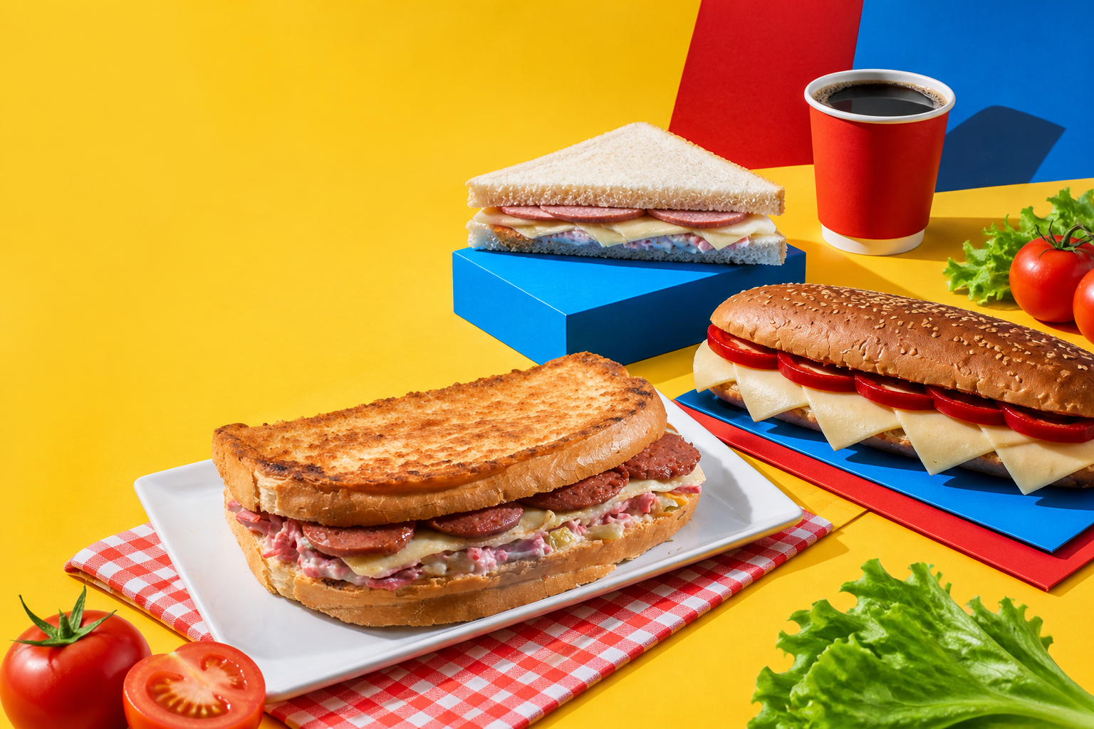 Renkli bir öğle molasında Gusto sandviç ve tostları